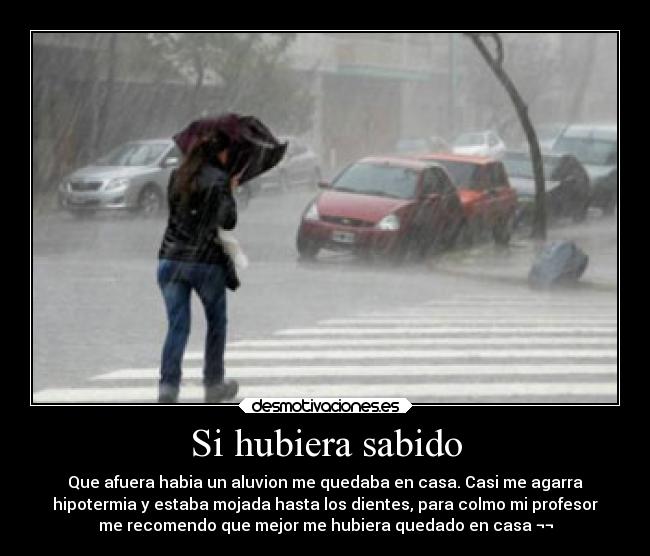 Si hubiera sabido - Que afuera habia un aluvion me quedaba en casa. Casi me agarra
hipotermia y estaba mojada hasta los dientes, para colmo mi profesor
me recomendo que mejor me hubiera quedado en casa ¬¬