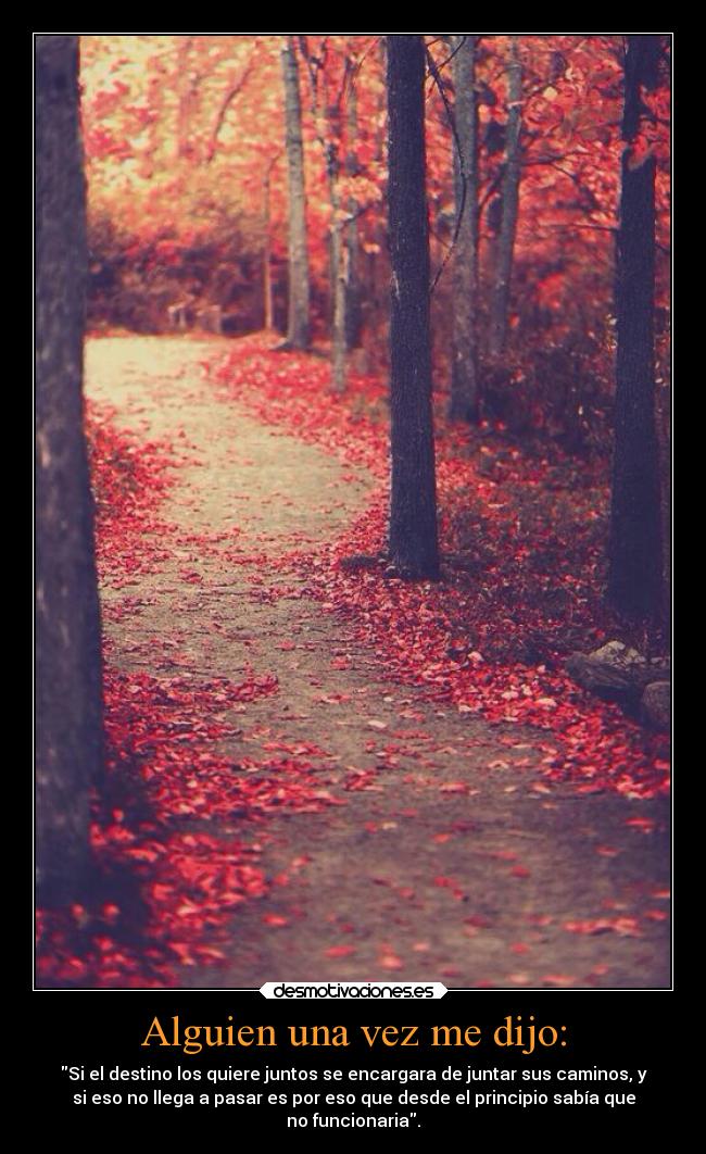 Alguien una vez me dijo: - Si el destino los quiere juntos se encargara de juntar sus caminos, y
si eso no llega a pasar es por eso que desde el principio sabía que
no funcionaria.