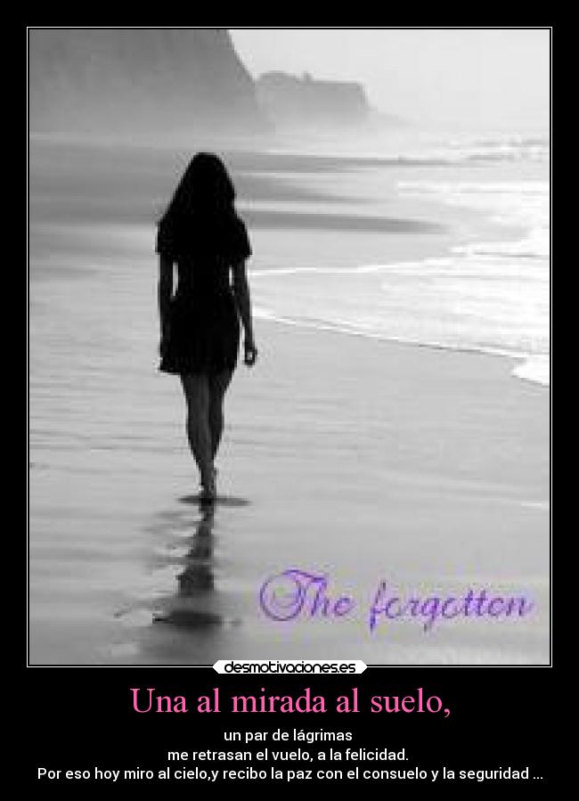 Una al mirada al suelo, - un par de lágrimas
me retrasan el vuelo, a la felicidad.
Por eso hoy miro al cielo,y recibo la paz con el consuelo y la seguridad ...