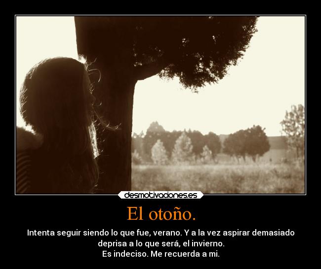 El otoño. - Intenta seguir siendo lo que fue, verano. Y a la vez aspirar demasiado
deprisa a lo que será, el invierno.
Es indeciso. Me recuerda a mi.