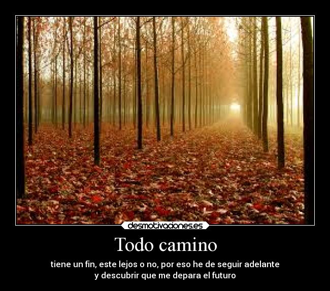 Todo camino - tiene un fin, este lejos o no, por eso he de seguir adelante
y descubrir que me depara el futuro