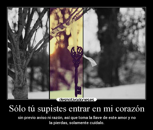 Sólo tú supistes entrar en mi corazón - sin previo aviso ni razón, así que toma la llave de este amor y no
la pierdas, solamente cuídalo.