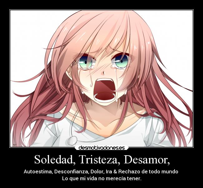 Soledad, Tristeza, Desamor, - Autoestima, Desconfianza, Dolor, Ira & Rechazo de todo mundo
Lo que mi vida no merecía tener.