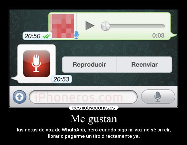 Me gustan - las notas de voz de WhatsApp, pero cuando oigo mi voz no sé si reír,
llorar o pegarme un tiro directamente ya.