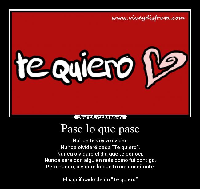 Pase lo que pase - Nunca te voy a olvidar.
Nunca olvidaré cada Te quiero.
Nunca olvidaré el día que te conoci.
Nunca sere con alguien más como fui contigo.
Pero nunca, olvidare lo que tu me enseñante.

El significado de un Te quiero