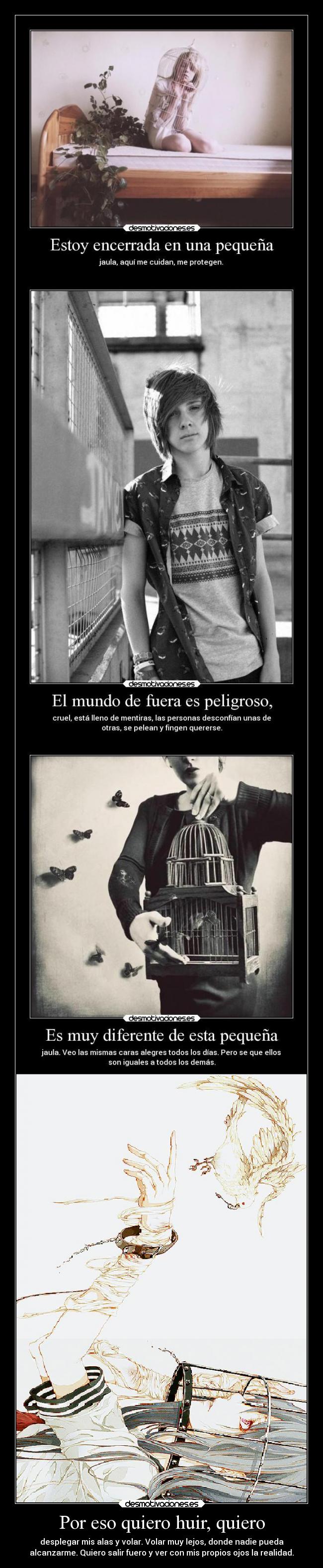 Por eso quiero huir, quiero - desplegar mis alas y volar. Volar muy lejos, donde nadie pueda
alcanzarme. Quiero salir fuero y ver con mis propios ojos la realidad.