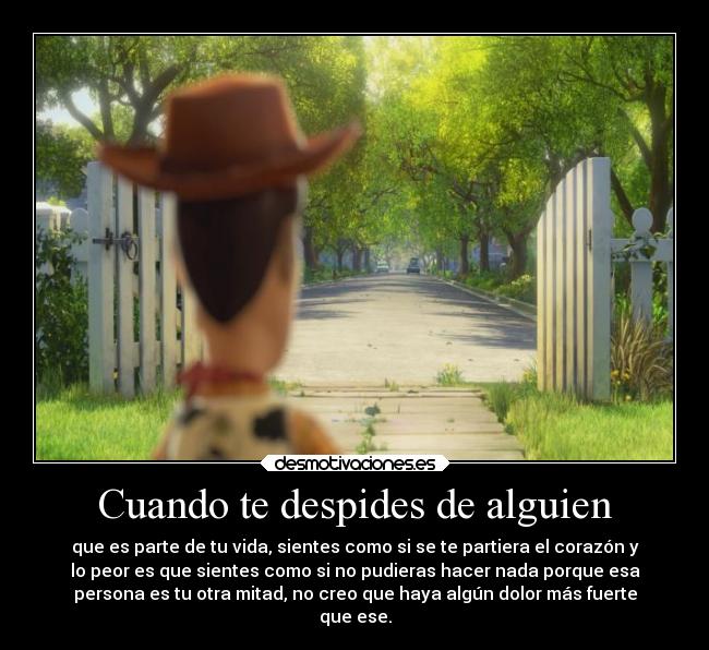 Cuando te despides de alguien - que es parte de tu vida, sientes como si se te partiera el corazón y
lo peor es que sientes como si no pudieras hacer nada porque esa
persona es tu otra mitad, no creo que haya algún dolor más fuerte
que ese.