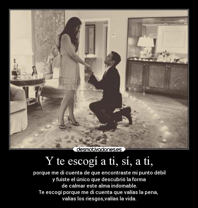Y te escogí a ti, sí, a ti, - porque me di cuenta de que encontraste mi punto débil
y fuiste el único que descubrió la forma
de calmar este alma indomable.
Te escogí porque me di cuenta que valías la pena,
valías los riesgos,valías la vida.