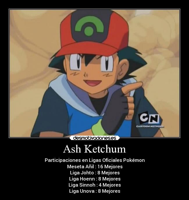 Ash Ketchum - Participaciones en Ligas Oficiales Pokémon
Meseta Añil : 16 Mejores
Liga Johto : 8 Mejores
Liga Hoenn : 8 Mejores
Liga Sinnoh : 4 Mejores
Liga Unova : 8 Mejores