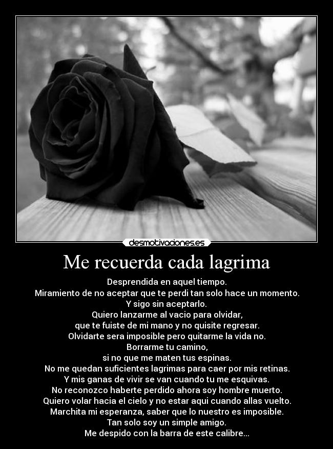 Me recuerda cada lagrima - Desprendida en aquel tiempo.
Miramiento de no aceptar que te perdi tan solo hace un momento.
Y sigo sin aceptarlo.
Quiero lanzarme al vacio para olvidar,
que te fuiste de mi mano y no quisite regresar.
Olvidarte sera imposible pero quitarme la vida no.
Borrarme tu camino,
si no que me maten tus espinas.
No me quedan suficientes lagrimas para caer por mis retinas.
Y mis ganas de vivir se van cuando tu me esquivas.
No reconozco haberte perdido ahora soy hombre muerto.
Quiero volar hacia el cielo y no estar aqui cuando allas vuelto.
Marchita mi esperanza, saber que lo nuestro es imposible.
Tan solo soy un simple amigo.
Me despido con la barra de este calibre...