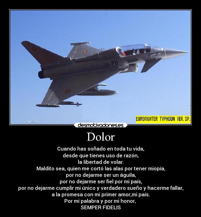 Dolor - Cuando has soñado en toda tu vida,
desde que tienes uso de razón,
la libertad de volar.
Maldito sea, quien me cortó las alas por tener miopía,
por no dejarme ser un águila,
por no dejarme ser fiel por mi país,
por no dejarme cumplir mi único y verdadero sueño y hacerme fallar,
a la promesa con mi primer amor,mi país.
Por mi palabra y por mi honor, 
SEMPER FIDELIS