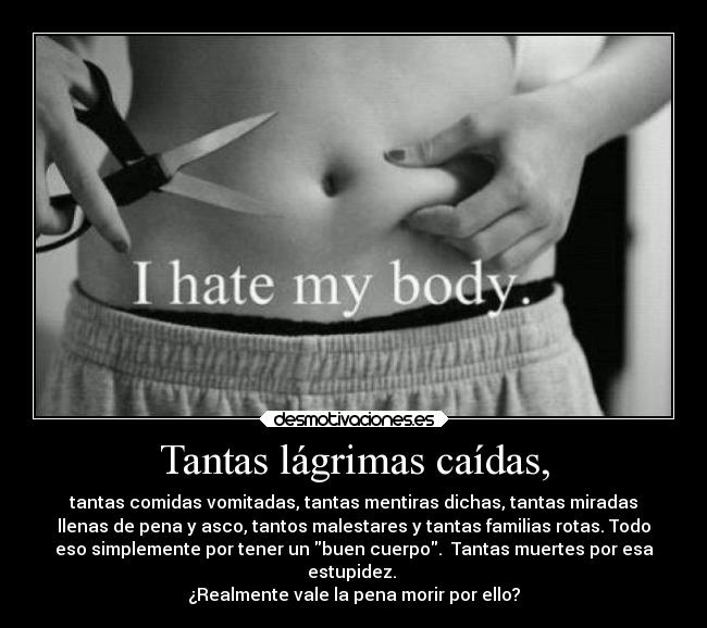 Tantas lágrimas caídas, - tantas comidas vomitadas, tantas mentiras dichas, tantas miradas
llenas de pena y asco, tantos malestares y tantas familias rotas. Todo
eso simplemente por tener un buen cuerpo. Tantas muertes por esa
estupidez.
¿Realmente vale la pena morir por ello?