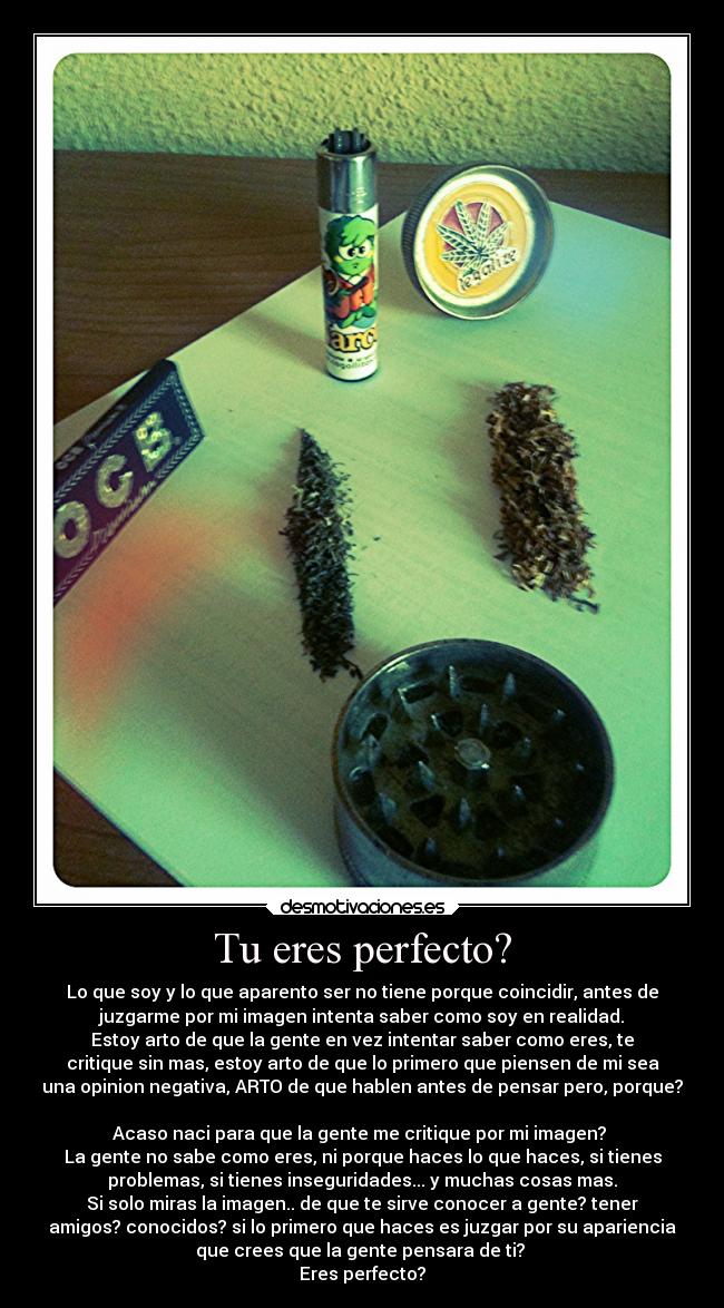 Tu eres perfecto? - Lo que soy y lo que aparento ser no tiene porque coincidir, antes de
juzgarme por mi imagen intenta saber como soy en realidad.
Estoy arto de que la gente en vez intentar saber como eres, te
critique sin mas, estoy arto de que lo primero que piensen de mi sea
una opinion negativa, ARTO de que hablen antes de pensar pero, porque?
Acaso naci para que la gente me critique por mi imagen?
La gente no sabe como eres, ni porque haces lo que haces, si tienes
problemas, si tienes inseguridades... y muchas cosas mas.
Si solo miras la imagen.. de que te sirve conocer a gente? tener
amigos? conocidos? si lo primero que haces es juzgar por su apariencia
que crees que la gente pensara de ti?
Eres perfecto?