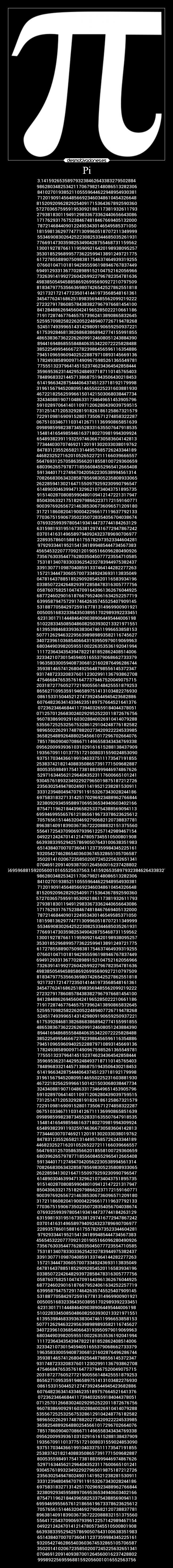 Pi - 3.141592653589793238462643383279502884
98628034825342117067982148086513282306
84102701938521105559644622948954930381
71201909145648566923460348610454326648
81520920962829254091715364367892590360
57270365759591953092186117381932611793
27938183011949129833673362440656643086
17176293176752384674818467669405132000
78721468440901224953430146549585371050
18159813629774771309960518707211349999
55346908302642522308253344685035261931
77669147303598253490428755468731159562
13001927876611195909216420198938095257
35301852968995773622599413891249721775
61727855889075098381754637464939319255
07660104710181942955596198946767837449
69491293313677028989152104752162056966
73263914199272604269922796782354781636
49838505494588586926995690927210797509
81834797753566369807426542527862551818
92173217214772350141441973568548161361
34547762416862518983569485562099219222
27232791786085784383827967976681454100
84128488626945604241965285022210661186
71917287467764657573962413890865832645
52595709825822620522489407726719478268
52451749399651431429809190659250937221
61753928468138268683868942774155991855
48653836736222626099124608051243884390
89441694868555848406353422072225828488
38522549954666727823986456596116354886
79451096596094025228879710893145669136
17824938589009714909675985261365549781
77555132379641451523746234364542858444
35969536231442952484937187110145765403
78489683321445713868751943506430218453
61419663428754440643745123718192179998
31961567945208095146550225231603881930
46722182562599661501421503068038447734
32434088190710486331734649651453905796
59102897064140110971206280439039759515
73125147120532928191826186125867321579
72291098169091528017350671274858322287
06751033467110314126711136990865851639
09989859982387345528331635507647918535
15481416549859461637180270981994309924
65489382391193259746366730583604142813
77344403070746921120191302033038019762
84783123552658213144957685726243344189
44682325271620105265227211166039666557
56476931257058635662018558100729360659
68039626579787718556084552965412665408
59134401712749470420562230538994561314
70826683063432858785698305235808933065
26228594130216471550979259230990796547
61489030463994713296210734043751895735
91514028708085990480109412147221317947
85043063321751829798662237172159160771
90039769265672146385306736096571209180
31721186082041900042296617119637792133
77036751590673502350728354056704038674
07693259939780541934144737744184263129
63159819319516735381297416772947867242
03701416314965897940924323789690706977
22893578601588161755782973523344604281
97929334419521541341899485444734567383
45654532207770921201905166096280490926
73567630354477628035045077723554710585
75318134078330336254232783944975382437
33913077109870408591337464144282277263
15721344473060570073349243693113835049
04781643788518529092854520116583934196
03385072242648293972858478316305777756
05876075825104747091643961362676044925
68772460290161876679524061634252257719
63995879475729174642635745525407909145
53188770584297259167781314969900901921
00500516832336435038951702989392233451
62313017114448464090389064495444006198
51022833450850486082503930213321971551
61395398468339363830474611996653858153
50771262946322956398989893582116745627
34072396103685406643193950979019069963
68034490398205955100226353536192041994
11172364343543947822181852862408514006
32334210730154594051655379068662733379
19635833005940873068121602876496286744
35938146574126804925648798556145372347
93174872332083760112302991136793862708
47546684765357616477379467520049075715
20318727760527721900556148425551879253
86562710953591946589751413103482276930
08615331504452127473924544945423682886
60764823634143346235189757664521641376
07236234646844117394032659184044378051
07125701266830240292952522011872676756
96078386909291603028840026910414079288
53556725253256753286129104248776182582
98965022629174878820273420922224533985
36582548892648802545661017296702664076
78517860904070866711496558343434769338
09562009939361031029161615288138437909
19356709110137751721008031559024853090
93751703443661991040337511173547191855
25383742182140883508657391771509682887
80053559849175417381883999446974867626
52971634456212964043523117600665101241
93045761893234922927965019875187212726
23563025494780249011419521238281530911
33312394804947079119153267343028244186
69758318327131425170296923488962766844
32380929345958897069536534940603402166
87547119621844396582533754388569094113
69594699556576121865619673378623625612
70576561514463204692790682120738837781
89638140918390367367222088832151375560
55641725437090697939612257142989467154
04922124247014121478057345510500801908
66393833952942578690507643100638351983
65143840700707360411237359984345225161
93205427462865403603674532865105706587
35020141020672358502007245225632651341
07046912091409387001264560016237428802
99989225695968815920560010165525637563.141592653589793238462643383279502884
98628034825342117067982148086513282306
84102701938521105559644622948954930381
71201909145648566923460348610454326648
81520920962829254091715364367892590360
57270365759591953092186117381932611793
27938183011949129833673362440656643086
17176293176752384674818467669405132000
78721468440901224953430146549585371050
18159813629774771309960518707211349999
55346908302642522308253344685035261931
77669147303598253490428755468731159562
13001927876611195909216420198938095257
35301852968995773622599413891249721775
61727855889075098381754637464939319255
07660104710181942955596198946767837449
69491293313677028989152104752162056966
73263914199272604269922796782354781636
49838505494588586926995690927210797509
81834797753566369807426542527862551818
92173217214772350141441973568548161361
34547762416862518983569485562099219222
27232791786085784383827967976681454100
84128488626945604241965285022210661186
71917287467764657573962413890865832645
52595709825822620522489407726719478268
52451749399651431429809190659250937221
61753928468138268683868942774155991855
48653836736222626099124608051243884390
89441694868555848406353422072225828488
38522549954666727823986456596116354886
79451096596094025228879710893145669136
17824938589009714909675985261365549781
77555132379641451523746234364542858444
35969536231442952484937187110145765403
78489683321445713868751943506430218453
61419663428754440643745123718192179998
31961567945208095146550225231603881930
46722182562599661501421503068038447734
32434088190710486331734649651453905796
59102897064140110971206280439039759515
73125147120532928191826186125867321579
72291098169091528017350671274858322287
06751033467110314126711136990865851639
09989859982387345528331635507647918535
15481416549859461637180270981994309924
65489382391193259746366730583604142813
77344403070746921120191302033038019762
84783123552658213144957685726243344189
44682325271620105265227211166039666557
56476931257058635662018558100729360659
68039626579787718556084552965412665408
59134401712749470420562230538994561314
70826683063432858785698305235808933065
26228594130216471550979259230990796547
61489030463994713296210734043751895735
91514028708085990480109412147221317947
85043063321751829798662237172159160771
90039769265672146385306736096571209180
31721186082041900042296617119637792133
77036751590673502350728354056704038674
07693259939780541934144737744184263129
63159819319516735381297416772947867242
03701416314965897940924323789690706977
22893578601588161755782973523344604281
97929334419521541341899485444734567383
45654532207770921201905166096280490926
73567630354477628035045077723554710585
75318134078330336254232783944975382437
33913077109870408591337464144282277263
15721344473060570073349243693113835049
04781643788518529092854520116583934196
03385072242648293972858478316305777756
05876075825104747091643961362676044925
68772460290161876679524061634252257719
63995879475729174642635745525407909145
53188770584297259167781314969900901921
00500516832336435038951702989392233451
62313017114448464090389064495444006198
51022833450850486082503930213321971551
61395398468339363830474611996653858153
50771262946322956398989893582116745627
34072396103685406643193950979019069963
68034490398205955100226353536192041994
11172364343543947822181852862408514006
32334210730154594051655379068662733379
19635833005940873068121602876496286744
35938146574126804925648798556145372347
93174872332083760112302991136793862708
47546684765357616477379467520049075715
20318727760527721900556148425551879253
86562710953591946589751413103482276930
08615331504452127473924544945423682886
60764823634143346235189757664521641376
07236234646844117394032659184044378051
07125701266830240292952522011872676756
96078386909291603028840026910414079288
53556725253256753286129104248776182582
98965022629174878820273420922224533985
36582548892648802545661017296702664076
78517860904070866711496558343434769338
09562009939361031029161615288138437909
19356709110137751721008031559024853090
93751703443661991040337511173547191855
25383742182140883508657391771509682887
80053559849175417381883999446974867626
52971634456212964043523117600665101241
93045761893234922927965019875187212726
23563025494780249011419521238281530911
33312394804947079119153267343028244186
69758318327131425170296923488962766844
32380929345958897069536534940603402166
87547119621844396582533754388569094113
69594699556576121865619673378623625612
70576561514463204692790682120738837781
89638140918390367367222088832151375560
55641725437090697939612257142989467154
04922124247014121478057345510500801908
66393833952942578690507643100638351983
65143840700707360411237359984345225161
93205427462865403603674532865105706587
35020141020672358502007245225632651341
07046912091409387001264560016237428802
9998922569596881592056001016552563756