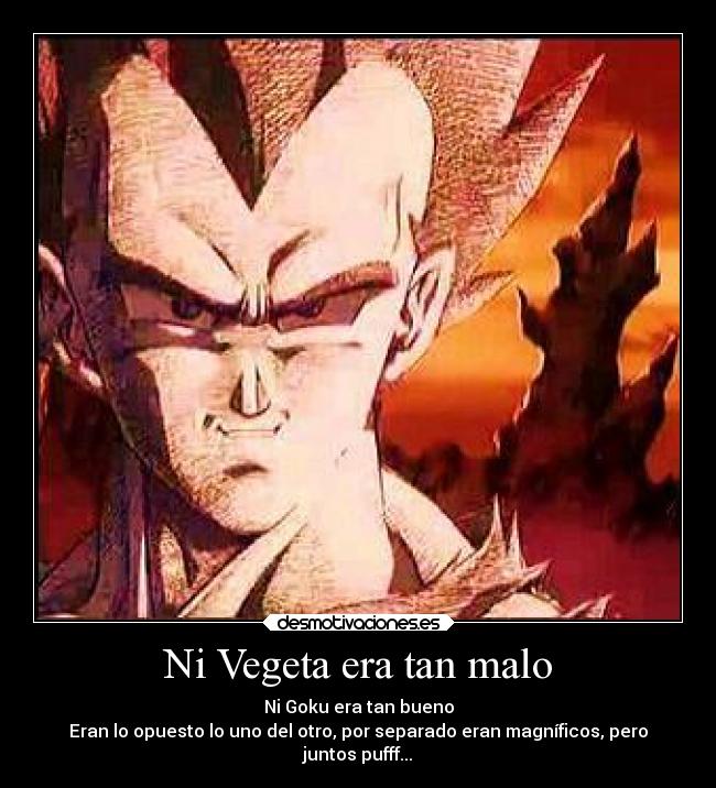 Ni Vegeta era tan malo - Ni Goku era tan bueno
Eran lo opuesto lo uno del otro, por separado eran magníficos, pero
juntos pufff...