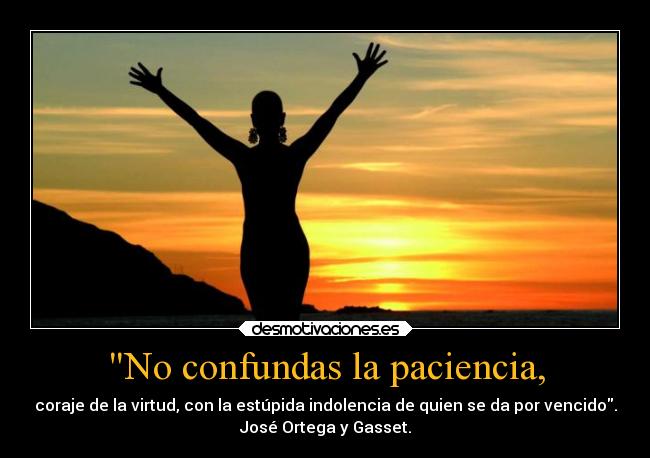 No confundas la paciencia, - coraje de la virtud, con la estúpida indolencia de quien se da por vencido.
José Ortega y Gasset.