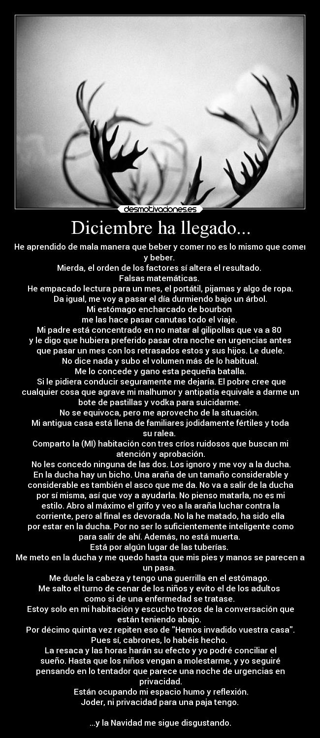 Diciembre ha llegado... - He aprendido de mala manera que beber y comer no es lo mismo que comer
y beber. 
Mierda, el orden de los factores sí altera el resultado. 
Falsas matemáticas. 
He empacado lectura para un mes, el portátil, pijamas y algo de ropa.
Da igual, me voy a pasar el día durmiendo bajo un árbol.
Mi estómago encharcado de bourbon 
me las hace pasar canutas todo el viaje. 
Mi padre está concentrado en no matar al gilipollas que va a 80 
y le digo que hubiera preferido pasar otra noche en urgencias antes
que pasar un mes con los retrasados estos y sus hijos. Le duele.
 No dice nada y subo el volumen más de lo habitual. 
Me lo concede y gano esta pequeña batalla.
 Si le pidiera conducir seguramente me dejaría. El pobre cree que
cualquier cosa que agrave mi malhumor y antipatía equivale a darme un
bote de pastillas y vodka para suicidarme. 
No se equivoca, pero me aprovecho de la situación. 
Mi antigua casa está llena de familiares jodidamente fértiles y toda
su ralea. 
Comparto la (MI) habitación con tres críos ruidosos que buscan mi
atención y aprobación.
 No les concedo ninguna de las dos. Los ignoro y me voy a la ducha.
 En la ducha hay un bicho. Una araña de un tamaño considerable y
considerable es también el asco que me da. No va a salir de la ducha
por sí misma, así que voy a ayudarla. No pienso matarla, no es mi
estilo. Abro al máximo el grifo y veo a la araña luchar contra la
corriente, pero al final es devorada. No la he matado, ha sido ella
por estar en la ducha. Por no ser lo suficientemente inteligente como
para salir de ahí. Además, no está muerta. 
Está por algún lugar de las tuberías. 
Me meto en la ducha y me quedo hasta que mis pies y manos se parecen a
un pasa. 
Me duele la cabeza y tengo una guerrilla en el estómago. 
Me salto el turno de cenar de los niños y evito el de los adultos 
como si de una enfermedad se tratase. 
Estoy solo en mi habitación y escucho trozos de la conversación que
están teniendo abajo. 
Por décimo quinta vez repiten eso de Hemos invadido vuestra casa.
Pues sí, cabrones, lo habéis hecho. 
La resaca y las horas harán su efecto y yo podré conciliar el
sueño. Hasta que los niños vengan a molestarme, y yo seguiré
pensando en lo tentador que parece una noche de urgencias en
privacidad.
 Están ocupando mi espacio humo y reflexión.
 Joder, ni privacidad para una paja tengo. 

...y la Navidad me sigue disgustando.