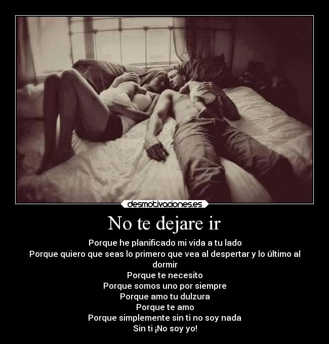 No te dejare ir - Porque he planificado mi vida a tu lado
Porque quiero que seas lo primero que vea al despertar y lo último al
dormir
Porque te necesito
Porque somos uno por siempre
Porque amo tu dulzura
Porque te amo
Porque simplemente sin ti no soy nada
Sin ti ¡No soy yo!