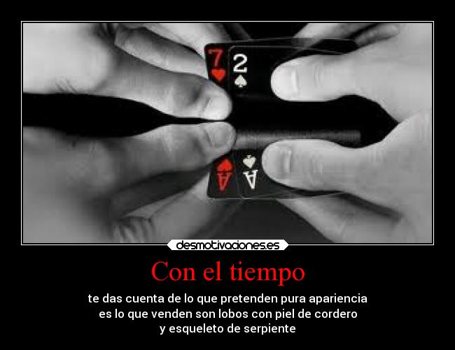 Con el tiempo - te das cuenta de lo que pretenden pura apariencia
es lo que venden son lobos con piel de cordero
y esqueleto de serpiente