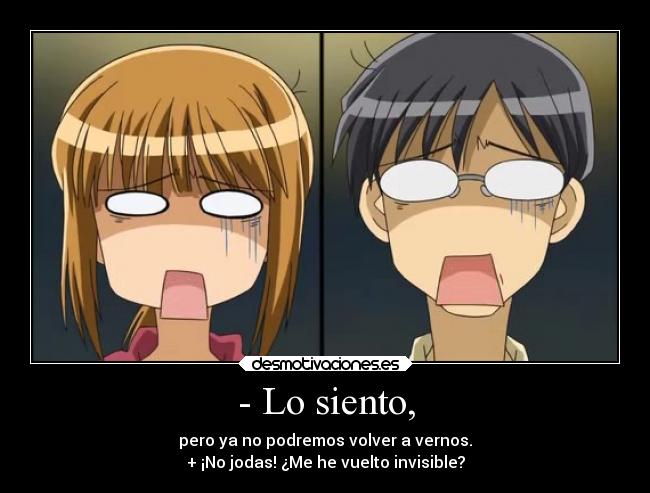 - Lo siento, - pero ya no podremos volver a vernos.
+ ¡No jodas! ¿Me he vuelto invisible?