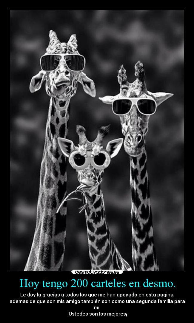 Hoy tengo 200 carteles en desmo. - Le doy la gracias a todos los que me han apoyado en esta pagina,
ademas de que son mis amigo también son como una segunda familia para
mí.
!Ustedes son los mejores¡