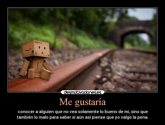 Me gustaría - conocer a alguien que no vea solamente lo bueno de mi, sino que
también lo malo para saber si aún así piense que yo valgo la pena.