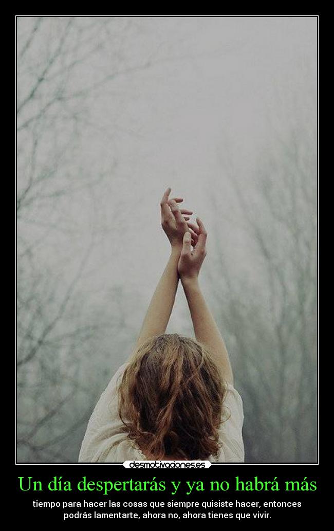 Un día despertarás y ya no habrá más - tiempo para hacer las cosas que siempre quisiste hacer, entonces
podrás lamentarte, ahora no, ahora tienes que vivir.