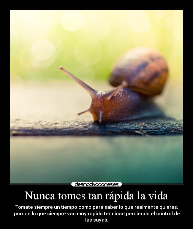Nunca tomes tan rápida la vida - Tomate siempre un tiempo como para saber lo que realmente quieres.
porque lo que siempre van muy rápido terminan perdiendo el control de
las suyas.