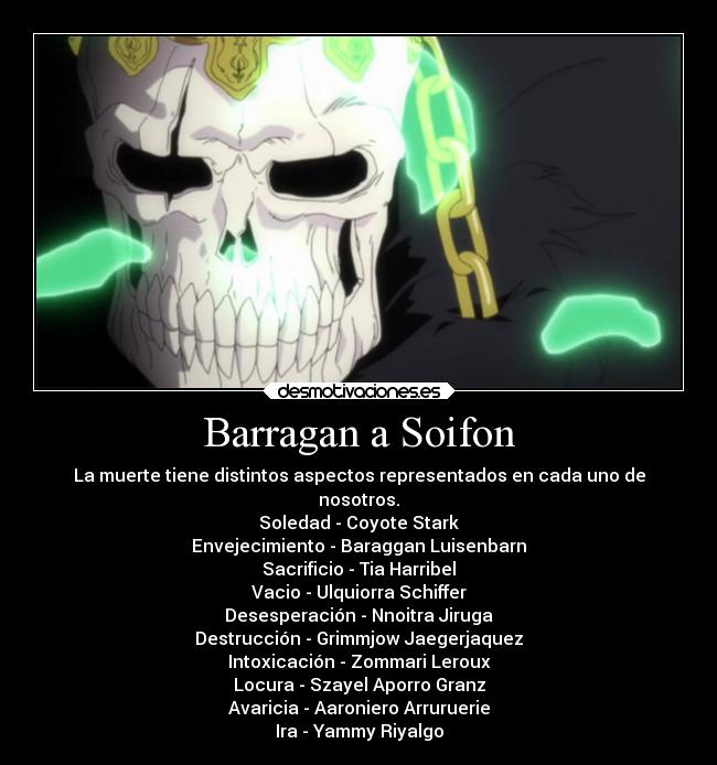 Barragan a Soifon - La muerte tiene distintos aspectos representados en cada uno de
nosotros.
Soledad - Coyote Stark
Envejecimiento - Baraggan Luisenbarn
Sacrificio - Tia Harribel
Vacio - Ulquiorra Schiffer
Desesperación - Nnoitra Jiruga
Destrucción - Grimmjow Jaegerjaquez
Intoxicación - Zommari Leroux
Locura - Szayel Aporro Granz
Avaricia - Aaroniero Arruruerie
Ira - Yammy Riyalgo