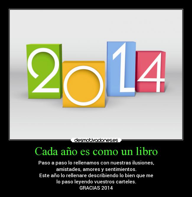 Cada año es como un libro - Paso a paso lo rellenamos con nuestras ilusiones,
amistades, amores y sentimientos.
Este año lo rellenare describiendo lo bien que me
lo paso leyendo vuestros carteles.
GRACIAS 2014