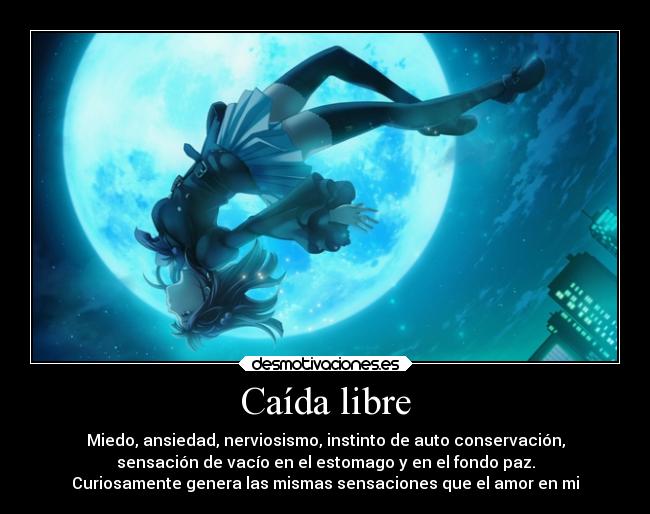 Caída libre - Miedo, ansiedad, nerviosismo, instinto de auto conservación,
sensación de vacío en el estomago y en el fondo paz.
Curiosamente genera las mismas sensaciones que el amor en mi