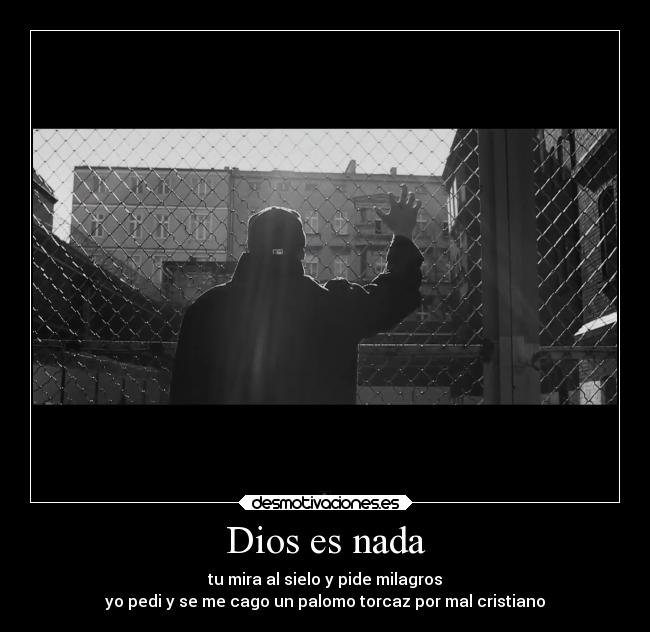 Dios es nada - tu mira al sielo y pide milagros
yo pedi y se me cago un palomo torcaz por mal cristiano
