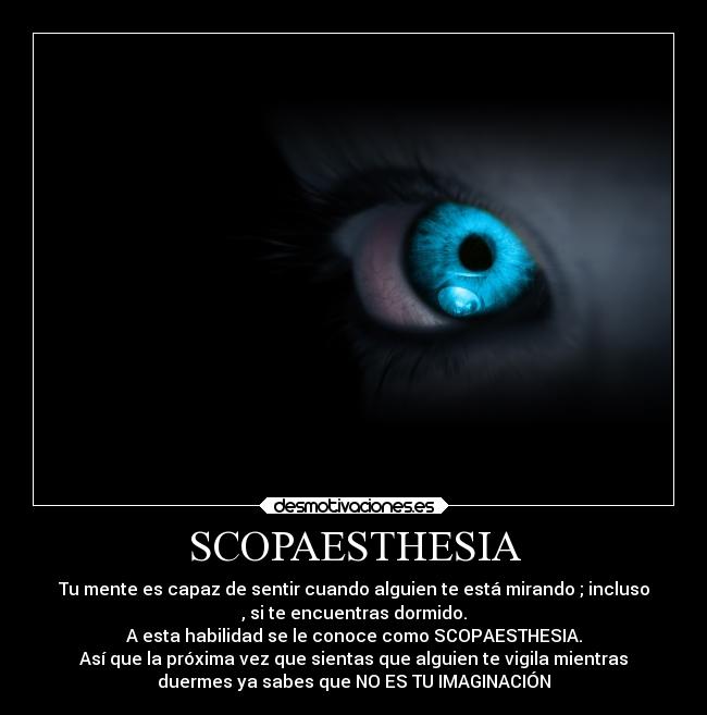 SCOPAESTHESIA - Tu mente es capaz de sentir cuando alguien te está mirando ; incluso
, si te encuentras dormido.
A esta habilidad se le conoce como SCOPAESTHESIA.
Así que la próxima vez que sientas que alguien te vigila mientras
duermes ya sabes que NO ES TU IMAGINACIÓN