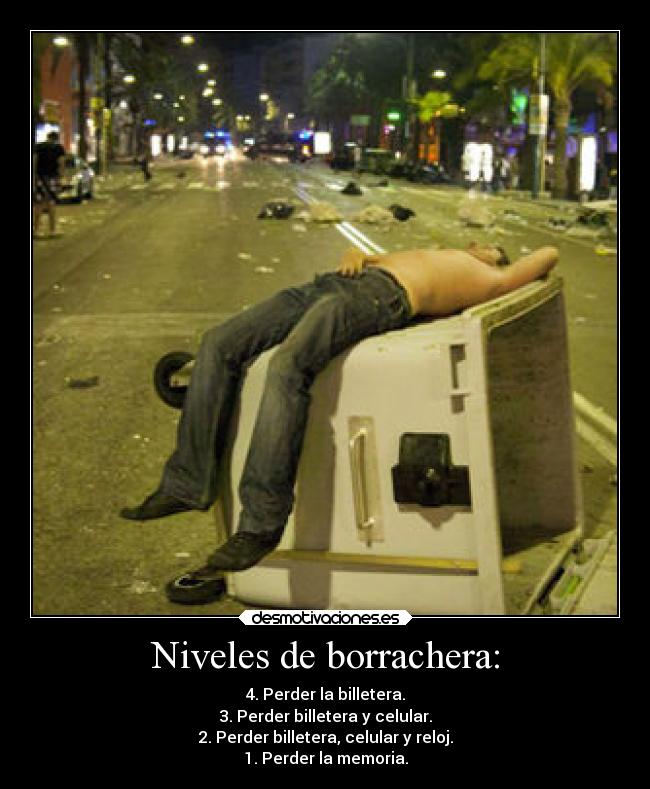 Niveles de borrachera: - 4. Perder la billetera.
3. Perder billetera y celular.
2. Perder billetera, celular y reloj.
1. Perder la memoria.