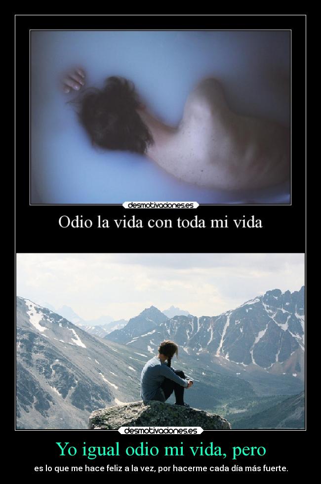 Yo igual odio mi vida, pero - es lo que me hace feliz a la vez, por hacerme cada día más fuerte.