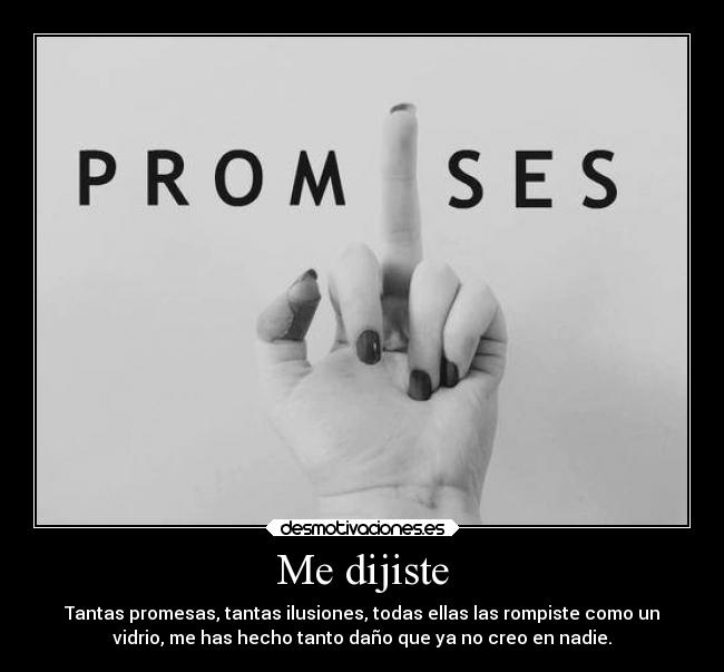 Me dijiste - Tantas promesas, tantas ilusiones, todas ellas las rompiste como un
vidrio, me has hecho tanto daño que ya no creo en nadie.