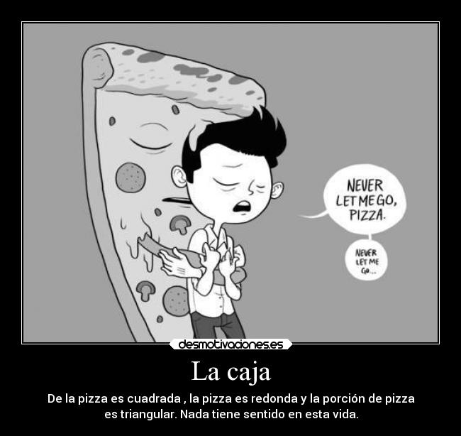 La caja - De la pizza es cuadrada , la pizza es redonda y la porción de pizza
es triangular. Nada tiene sentido en esta vida.