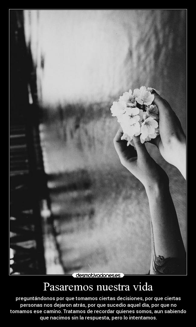 Pasaremos nuestra vida - preguntándonos por que tomamos ciertas decisiones, por que ciertas
personas nos dejaron atrás, por que sucedio aquel día, por que no
tomamos ese camino. Tratamos de recordar quienes somos, aun sabiendo
que nacimos sin la respuesta, pero lo intentamos.