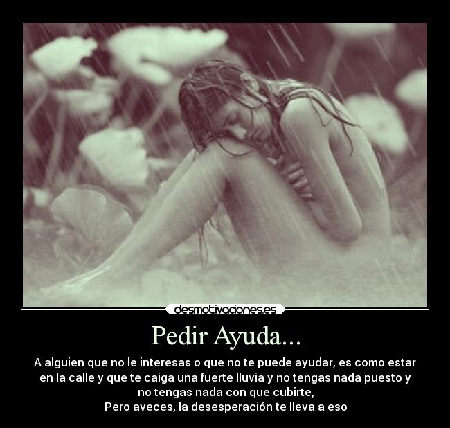 Pedir Ayuda... - A alguien que no le interesas o que no te puede ayudar, es como estar
en la calle y que te caiga una fuerte lluvia y no tengas nada puesto y
no tengas nada con que cubirte,
Pero aveces, la desesperación te lleva a eso
