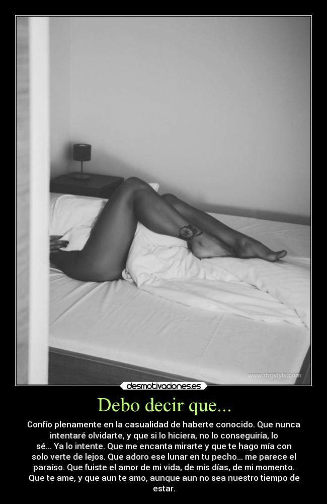 Debo decir que... - Confío plenamente en la casualidad de haberte conocido. Que nunca
intentaré olvidarte, y que si lo hiciera, no lo conseguiría, lo
sé... Ya lo intente. Que me encanta mirarte y que te hago mía con
solo verte de lejos. Que adoro ese lunar en tu pecho... me parece el
paraíso. Que fuiste el amor de mi vida, de mis días, de mi momento.
Que te ame, y que aun te amo, aunque aun no sea nuestro tiempo de
estar.