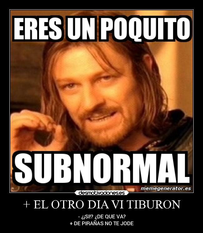 + EL OTRO DIA VI TIBURON - - ¿¡SI!? ¿DE QUE VA?
+ DE PIRAÑAS NO TE JODE