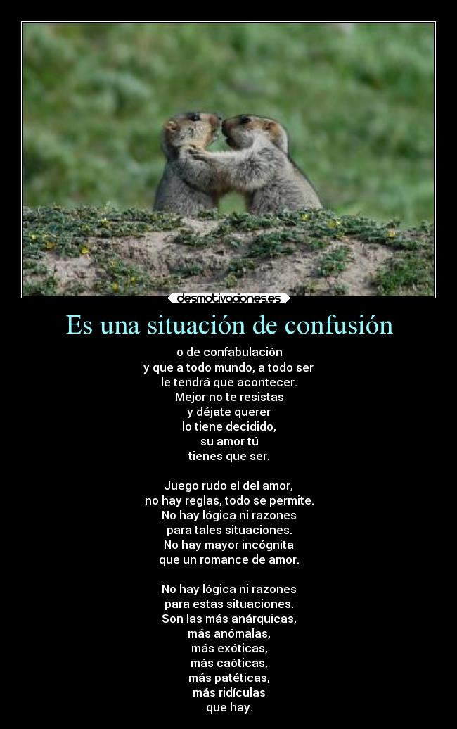 Es una situación de confusión - o de confabulación
y que a todo mundo, a todo ser
le tendrá que acontecer.
Mejor no te resistas
y déjate querer
lo tiene decidido,
su amor tú
tienes que ser.

Juego rudo el del amor,
no hay reglas, todo se permite.
No hay lógica ni razones
para tales situaciones.
No hay mayor incógnita
que un romance de amor.

No hay lógica ni razones
para estas situaciones.
Son las más anárquicas,
más anómalas,
más exóticas,
más caóticas,
más patéticas,
más ridículas
que hay.