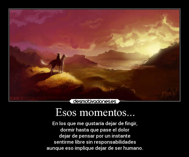 Esos momentos... - En los que me gustaría dejar de fingir,
dormir hasta que pase el dolor
dejar de pensar por un instante
sentirme libre sin responsabilidades
aunque eso implique dejar de ser humano.