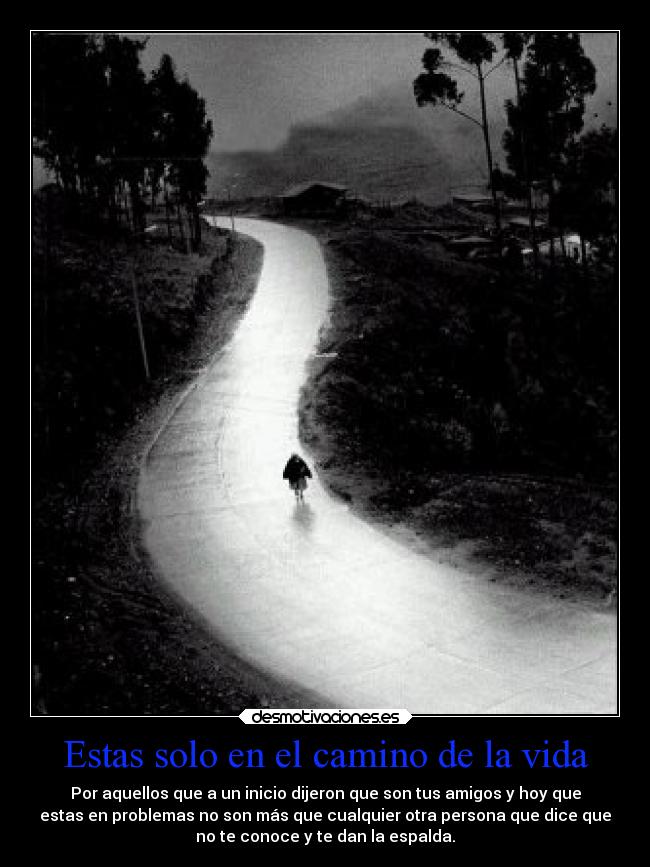 Estas solo en el camino de la vida - Por aquellos que a un inicio dijeron que son tus amigos y hoy que
estas en problemas no son más que cualquier otra persona que dice que
no te conoce y te dan la espalda.