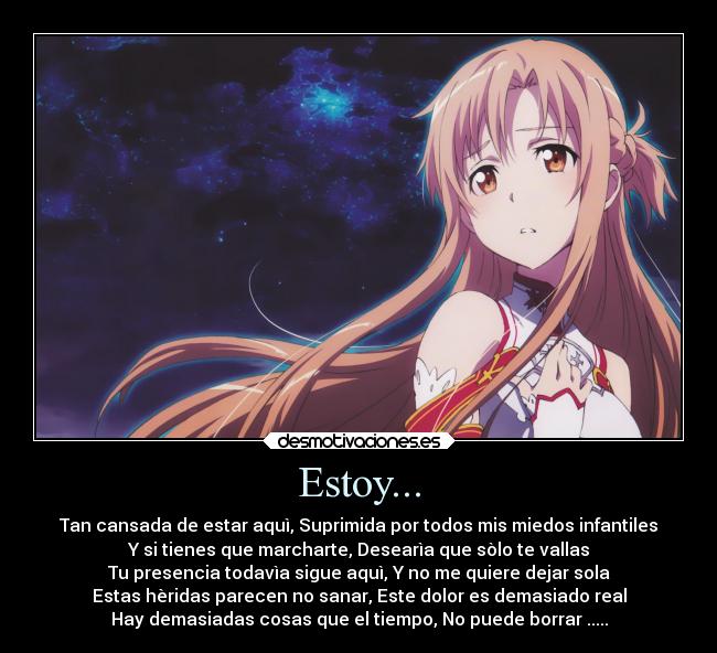 Estoy... - Tan cansada de estar aquì, Suprimida por todos mis miedos infantiles
Y si tienes que marcharte, Desearìa que sòlo te vallas
Tu presencia todavìa sigue aquì, Y no me quiere dejar sola
Estas hèridas parecen no sanar, Este dolor es demasiado real
Hay demasiadas cosas que el tiempo, No puede borrar .....
