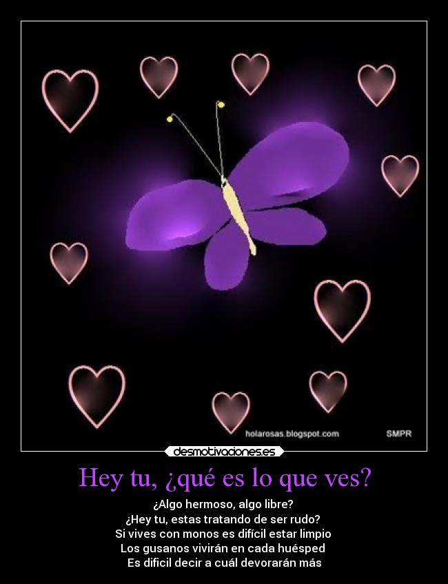 Hey tu, ¿qué es lo que ves? - ¿Algo hermoso, algo libre?
¿Hey tu, estas tratando de ser rudo?
Si vives con monos es difícil estar limpio
Los gusanos vivirán en cada huésped
Es dificil decir a cuál devorarán más