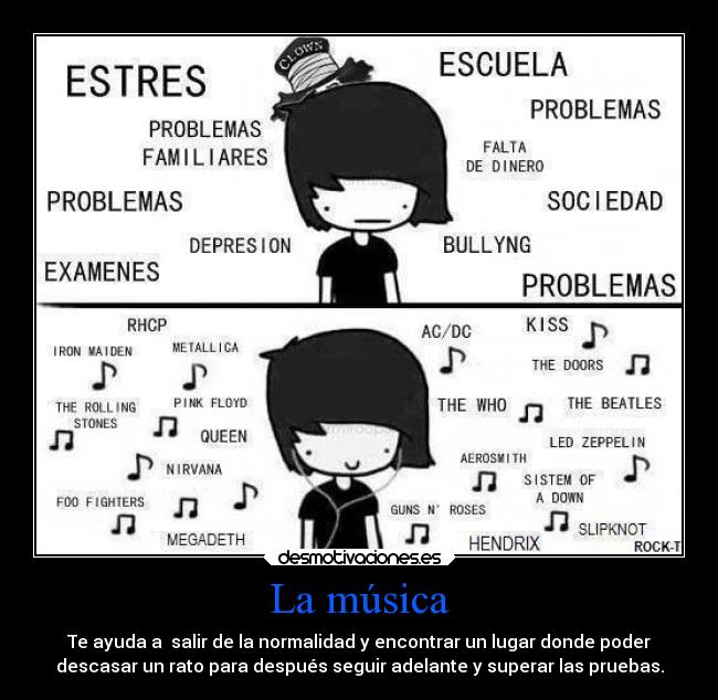 La música - Te ayuda a  salir de la normalidad y encontrar un lugar donde poder
descasar un rato para después seguir adelante y superar las pruebas.