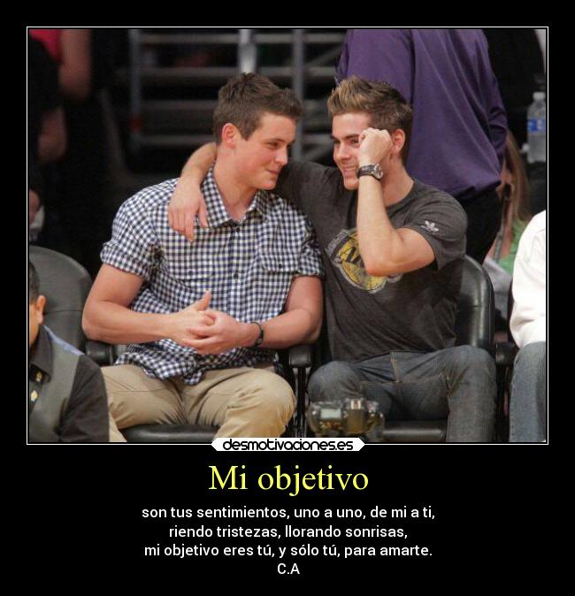 Mi objetivo - son tus sentimientos, uno a uno, de mi a ti,
riendo tristezas, llorando sonrisas,
mi objetivo eres tú, y sólo tú, para amarte.
C.A