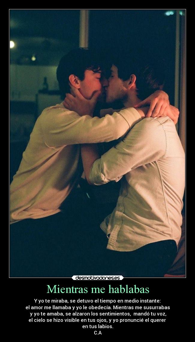 Mientras me hablabas - Y yo te miraba, se detuvo el tiempo en medio instante:
el amor me llamaba y yo le obedecía. Mientras me susurrabas
 y yo te amaba, se alzaron los sentimientos,  mandó tu voz,
el cielo se hizo visible en tus ojos, y yo pronuncié el querer 
en tus labios.
C.A