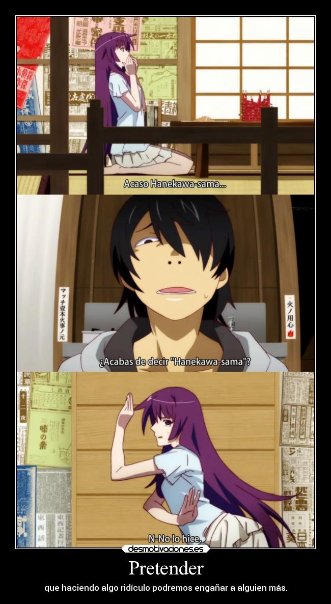 carteles anime nisemonogatari senjougahara miente doni anotherpikachubrigade desmotivaciones